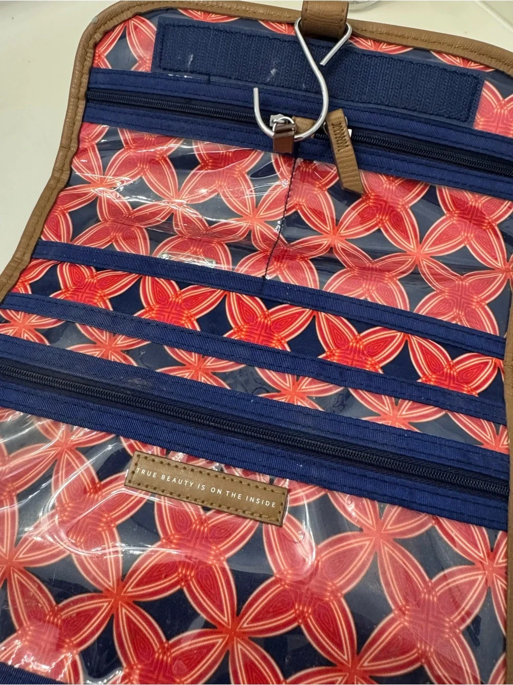 Stella & Dot Navy and White Striped Hanging Cosmetic Case with Brown Trim